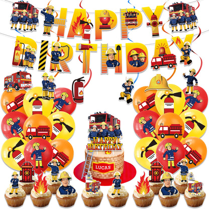Fireman Sam Theme Party Balloon Birthday Decoration Set featuring a birthday banner, mini cake toppers, colorful balloons, a large cake topper, and spirals. Perfect for Fireman Sam-themed parties and birthdays in Auckland, NZ