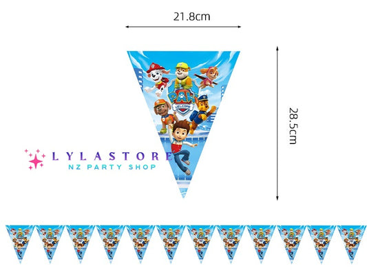 Paw Patrol Birthday Party Triangle Banners - 12pcs Set featuring vibrant designs of popular Paw Patrol characters. Perfect for birthday parties and celebrations in Auckland, NZ.