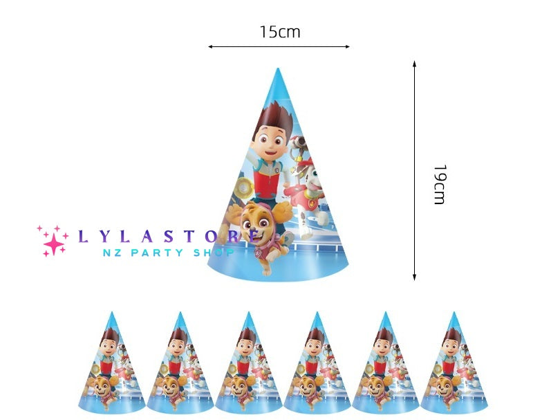 Paw Patrol Birthday Party Hats- 6pcs Set featuring colorful designs of popular Paw Patrol characters. Perfect for birthday parties, school events, and celebrations in Auckland, NZ