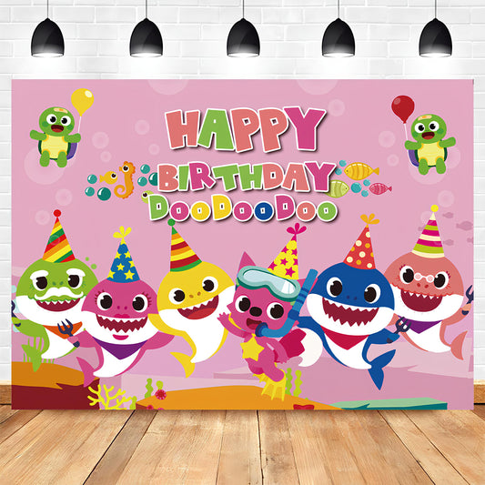 Baby Shark Pink Birthday Party Backdrop - 5x7FT featuring fun Baby Shark characters in pink. Ideal for kids' birthday parties and photo booths in Auckland, NZ